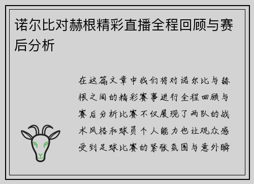 诺尔比对赫根精彩直播全程回顾与赛后分析